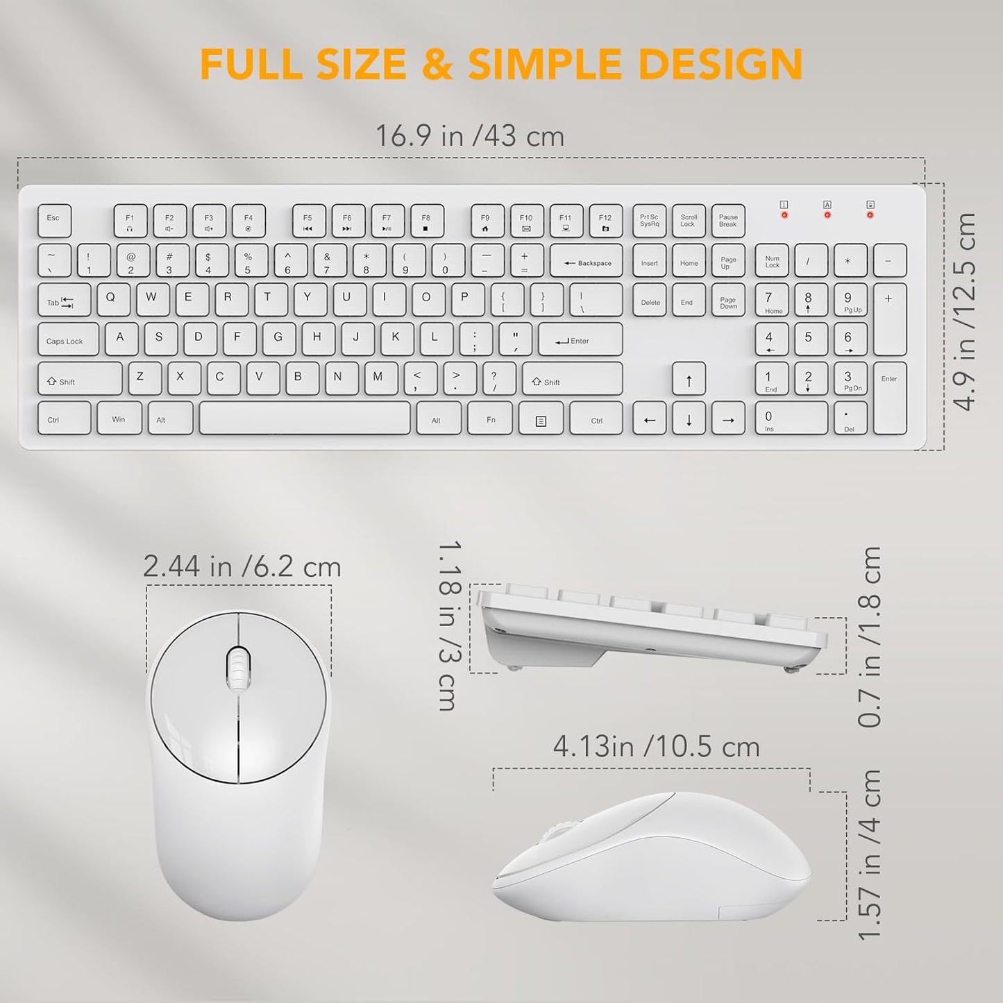 Wireless Keyboard and Mouse, Full-Size Wireless Mouse and Keyboard Combo, 2.4Ghz Silent USB Keyboard Mouse Combo for PC Desktops Computer (Ivory White)