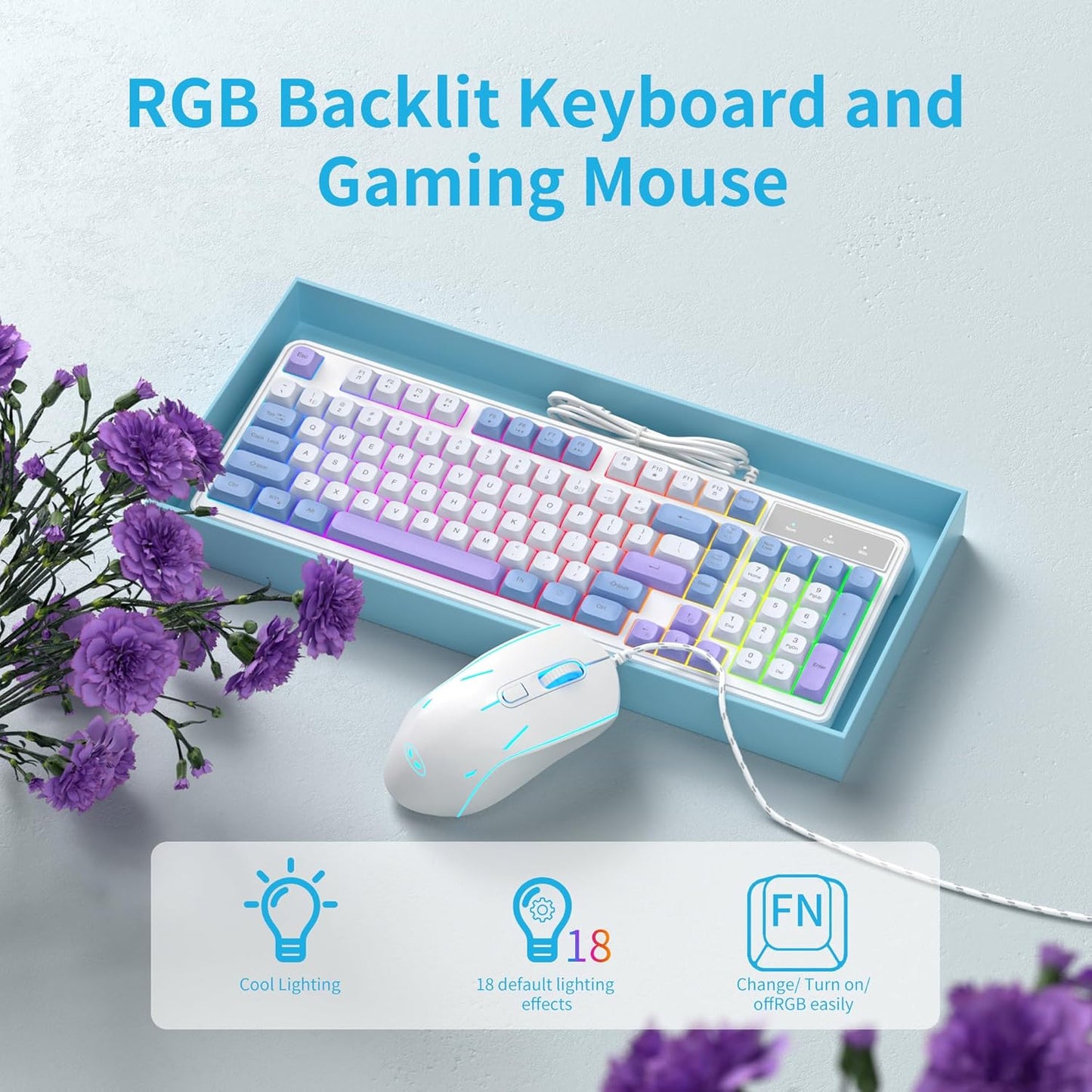 Wire Gaming Keyboard,Creamy Keyboard and Mouse Combo, 7 Colorful Rainbow Backlight Classic Gaming Keyboard (White & Blue & Purple)