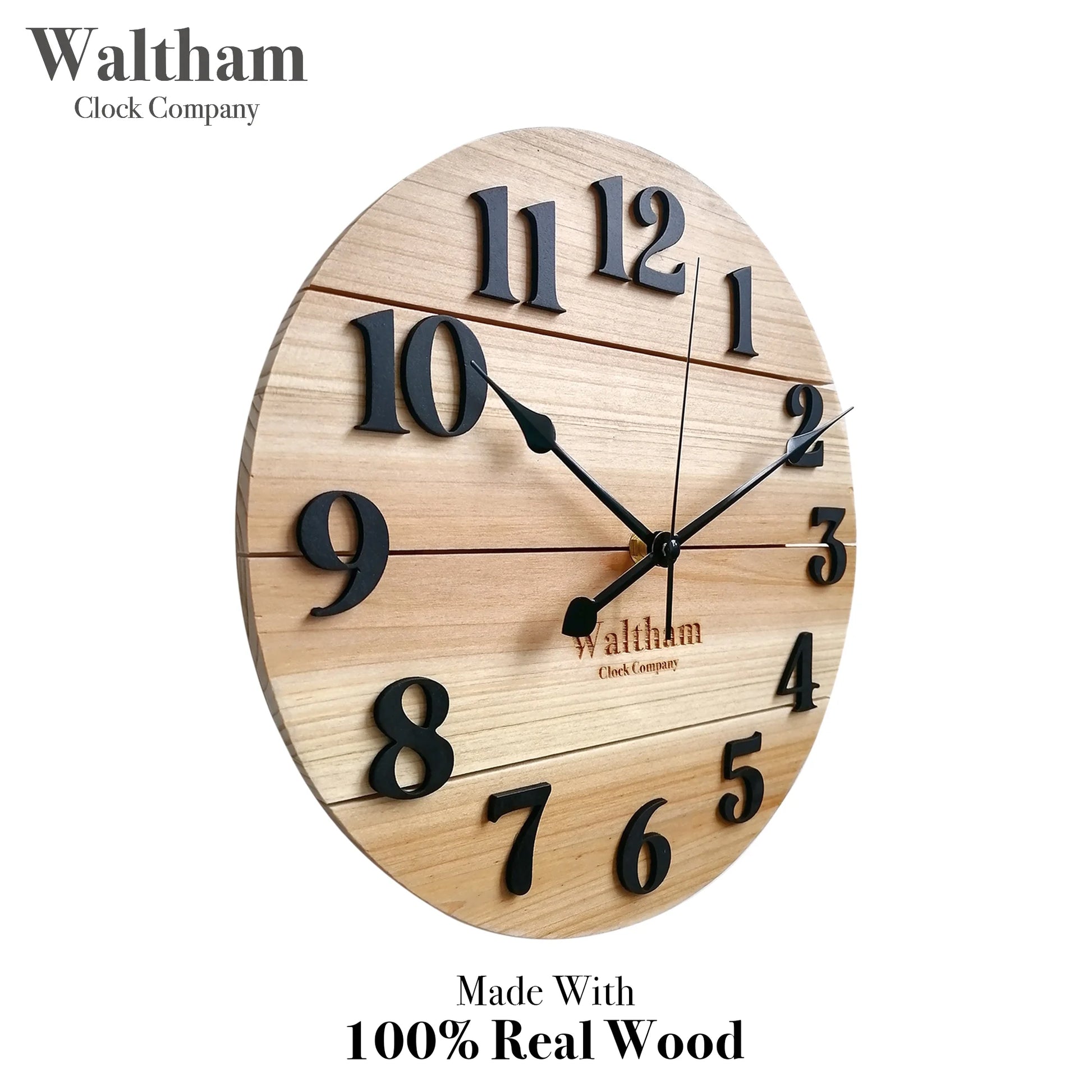 Real Wood Wall Clock, 12” Analog Clock, Battery Operated, Natural Finish - 100% Real Wood!