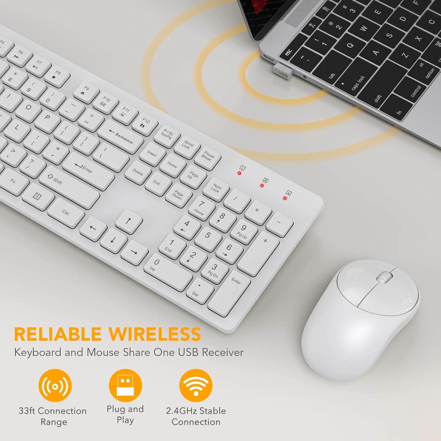 Wireless Keyboard and Mouse,  Full-Size Wireless Mouse and Keyboard Combo, 2.4Ghz Silent USB Keyboard Mouse Combo for PC Desktops Computer (Ivory White)