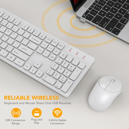 Wireless Keyboard and Mouse,  Full-Size Wireless Mouse and Keyboard Combo, 2.4Ghz Silent USB Keyboard Mouse Combo for PC Desktops Computer (Ivory White)