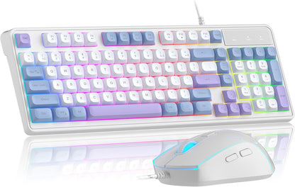 Wire Gaming Keyboard,Creamy Keyboard and Mouse Combo, 7 Colorful Rainbow Backlight Classic Gaming Keyboard (White & Blue & Purple)