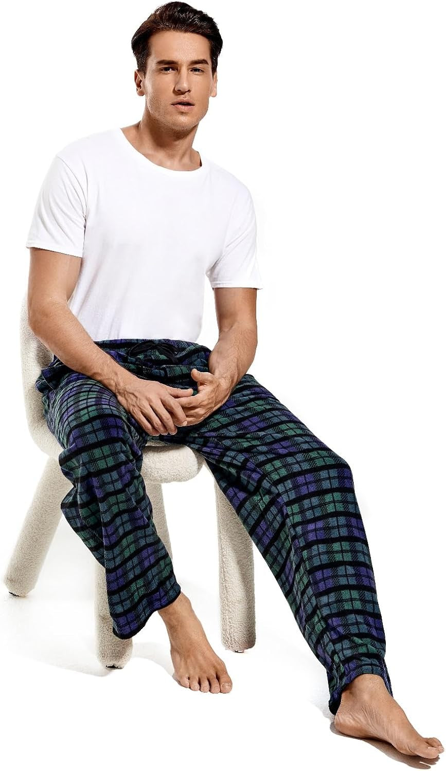 1Pack or 3Pack Mens PJ Pajama Pants Bottoms Fleece Lounge Pants Sleepwear Plaid Pjs with Pockets Microfleece