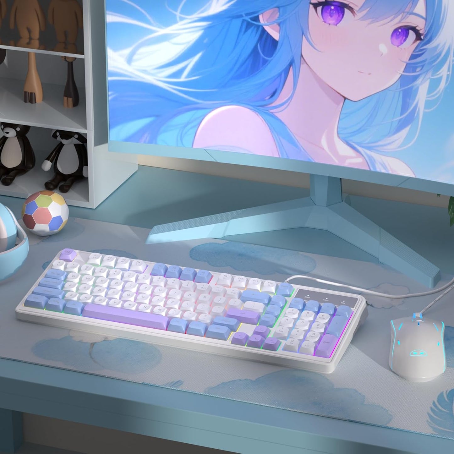 Wire Gaming Keyboard,Creamy Keyboard and Mouse Combo, 7 Colorful Rainbow Backlight Classic Gaming Keyboard (White & Blue & Purple)