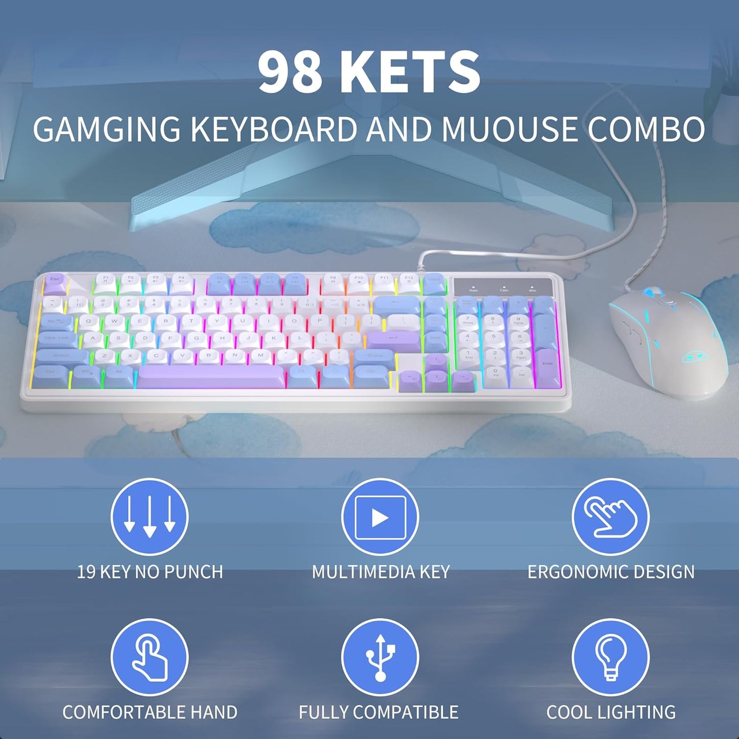 Wire Gaming Keyboard,Creamy Keyboard and Mouse Combo, 7 Colorful Rainbow Backlight Classic Gaming Keyboard (White & Blue & Purple)