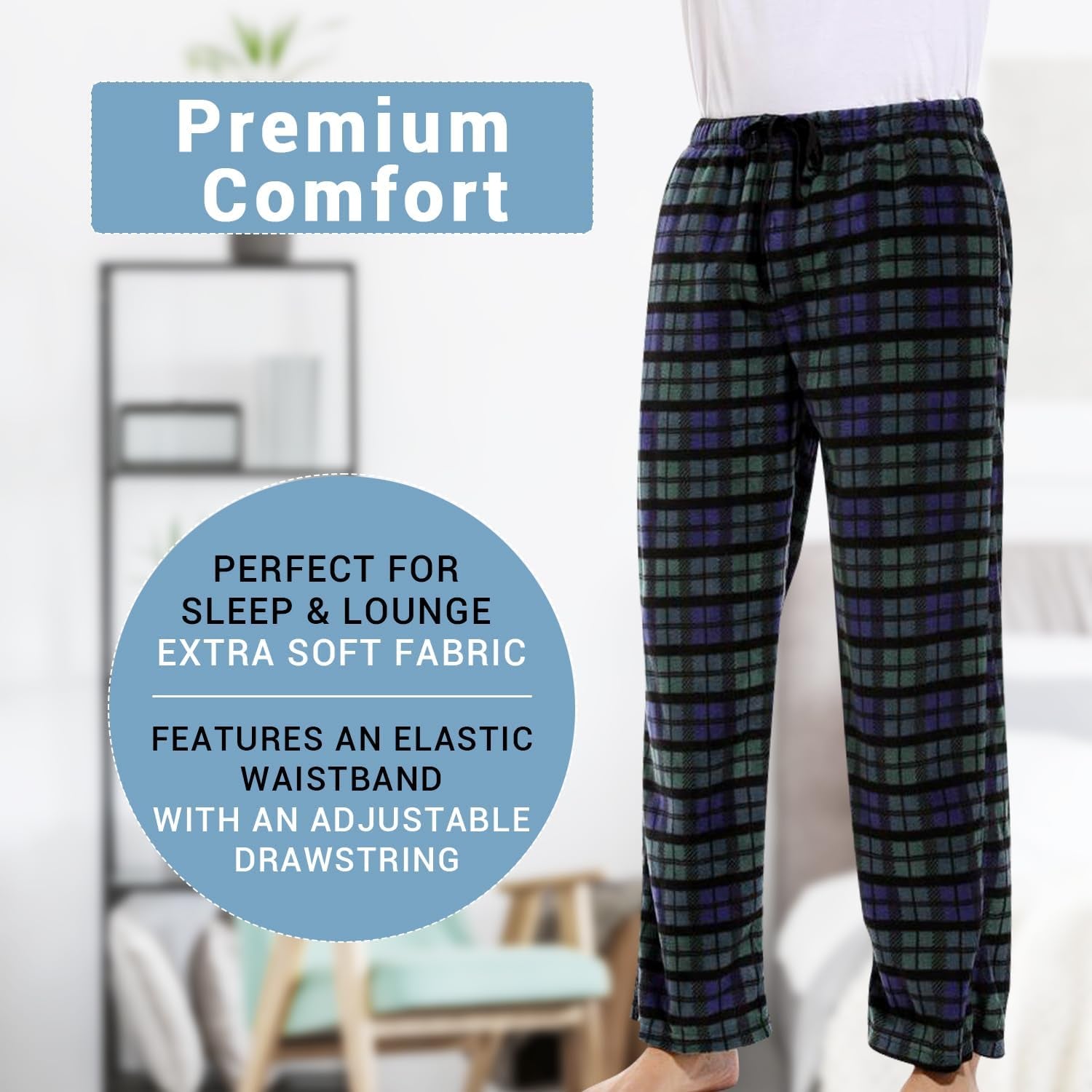 1Pack or 3Pack Mens PJ Pajama Pants Bottoms Fleece Lounge Pants Sleepwear Plaid Pjs with Pockets Microfleece