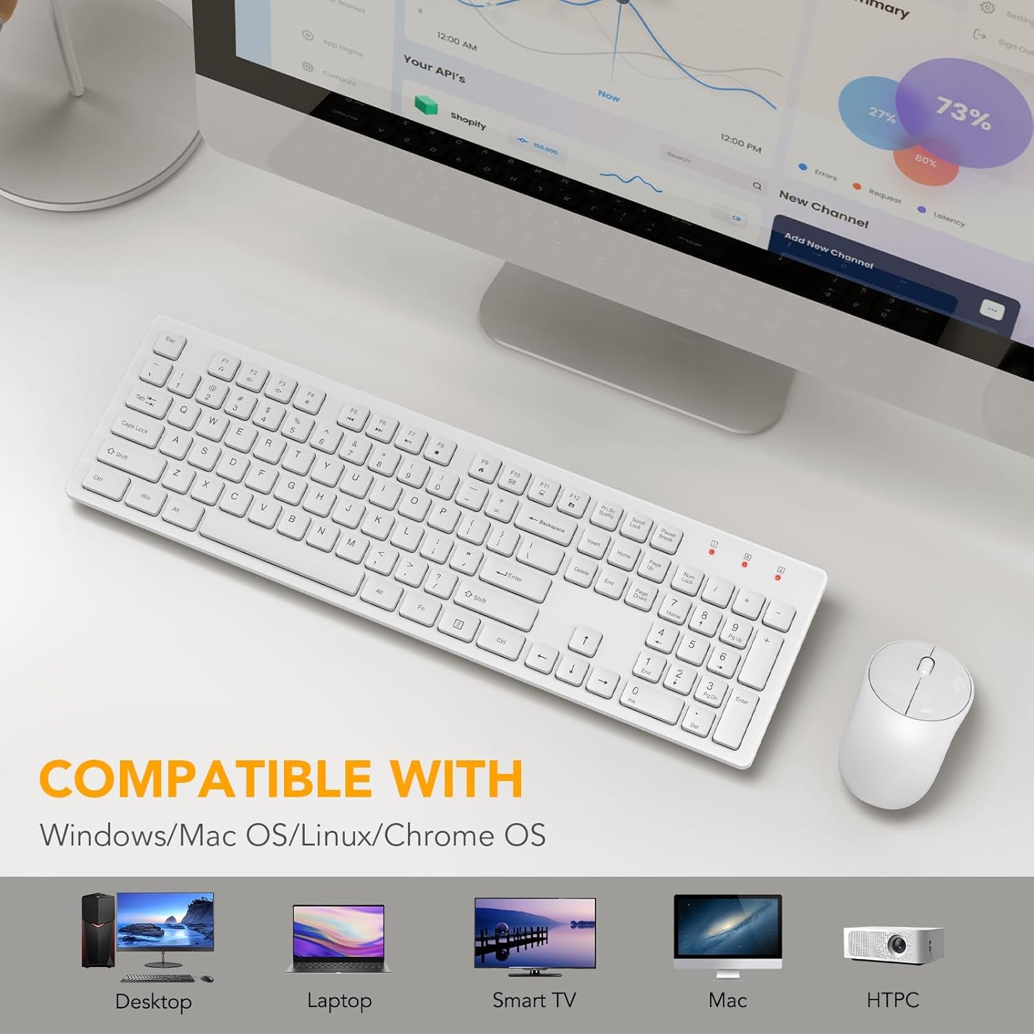 Wireless Keyboard and Mouse,  Full-Size Wireless Mouse and Keyboard Combo, 2.4Ghz Silent USB Keyboard Mouse Combo for PC Desktops Computer (Ivory White)