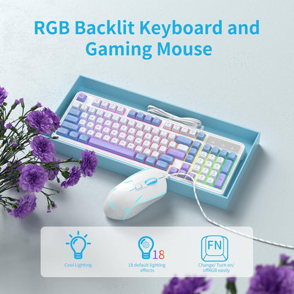 Wire Gaming Keyboard,Creamy Keyboard and Mouse Combo, 7 Colorful Rainbow Backlight Classic Gaming Keyboard (White & Blue & Purple)