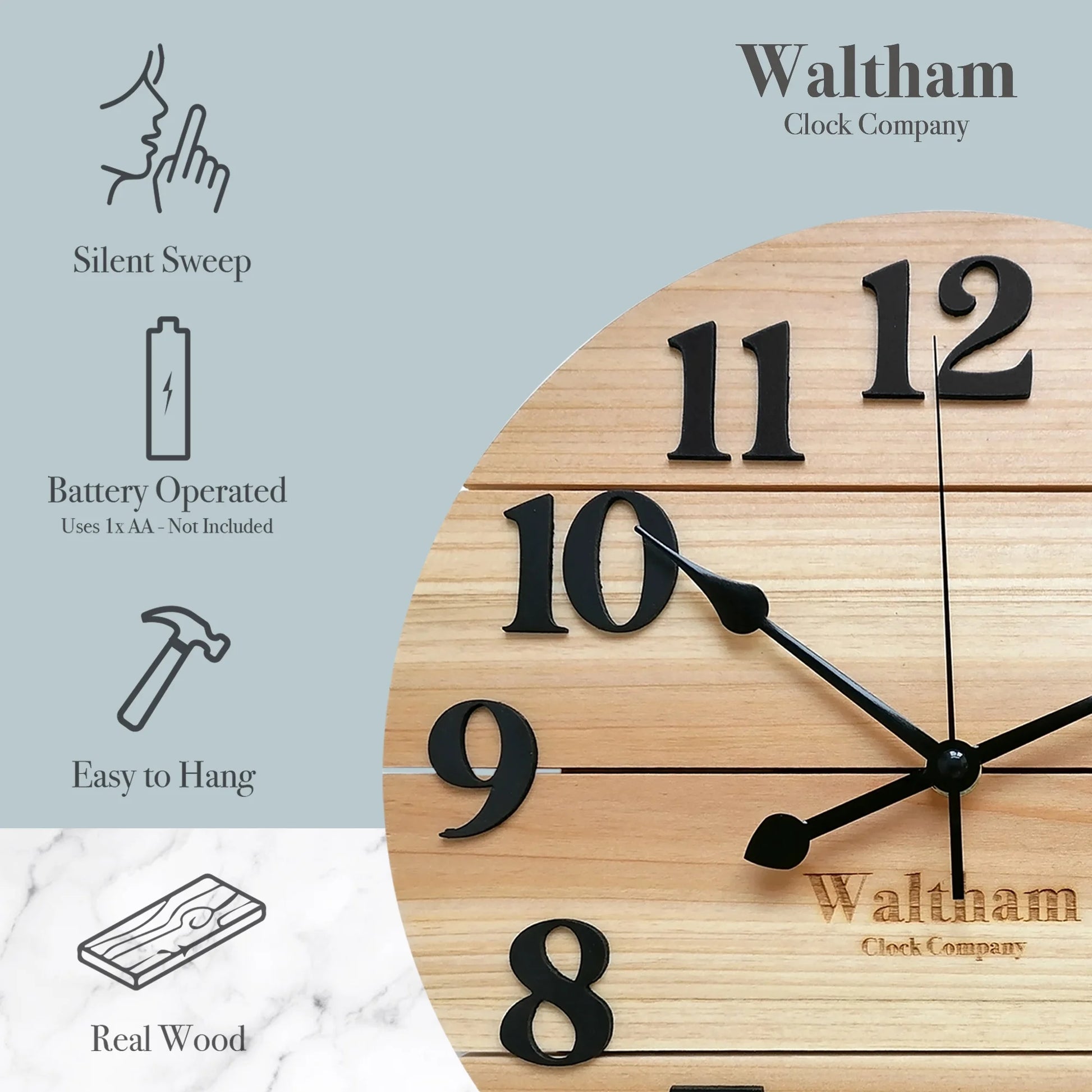 Real Wood Wall Clock, 12” Analog Clock, Battery Operated, Natural Finish - 100% Real Wood!